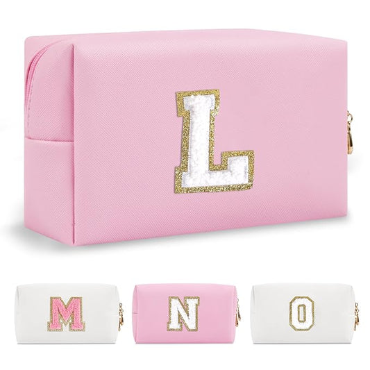Personalized Initial A-Z Preppy Patch Makeup Bag,Small PU Chenille Letter Cosmetic Bag with Zipper for Teen Girls,Pink Cute Toiletry Organizer Bag,Monogram Makeup Case Gift for Women Girls,Letter L