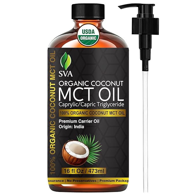 SVA MCT Oil Organic - 16 Fl Oz – 100% Natural Cold Pressed Organic MCT Oil - for Face, Skin Care, Hair Care, Scalp Massage & Body Massage – Carrier Oil