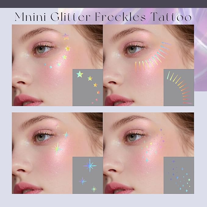 10pcs Holographic Chameleon Silver Glitter Freckles Face Tattoo Set, Color Shift Waterproof Sparkle Face Speckles Patches for Women, Cute Star Temporary Tattoo Fairy Makeup Rave Accessories