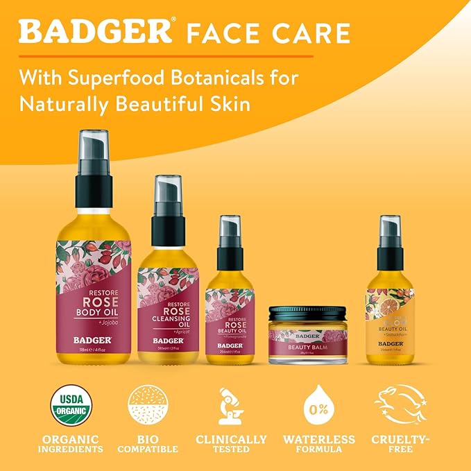 Badger Seabuckthorn Face Oil, Organic Face Moisturizer for Women & Men, Nourishing & Soothing Organic Jojoba, Baobab & Vitamin E Oil, Vegan Antioxidant Rich Facial Oil, 1 fl oz Glass Bottle