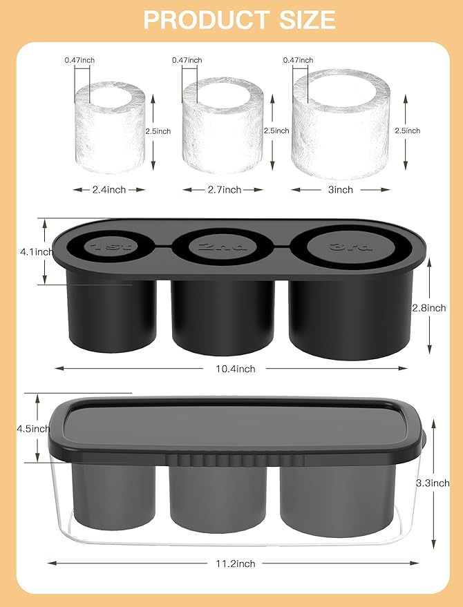 Ice Cube Tray for Tumbler Cup 30Oz-40Oz, 3 Pcs Silicone Cylinder Ice Mold with Lid and Bin for Freezer, Easy Fill and Release Ice Maker for Whiskey, Cocktail BPA-Free