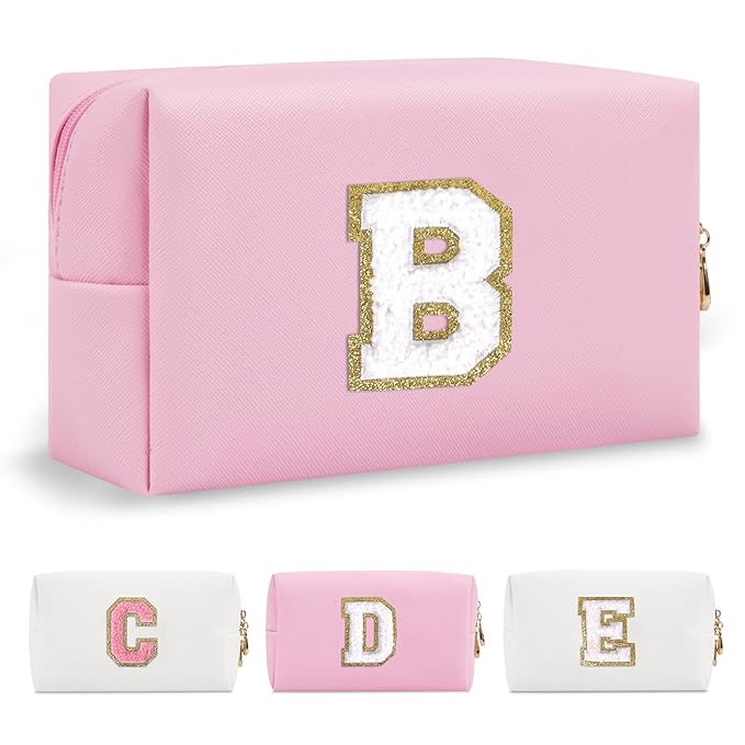 Personalized Initial A-Z Preppy Patch Makeup Bag,Small PU Chenille Letter Cosmetic Bag with Zipper for Teen Girls,Pink Cute Toiletry Organizer Bag,Monogram Makeup Case Gift for Women Girls,Letter B