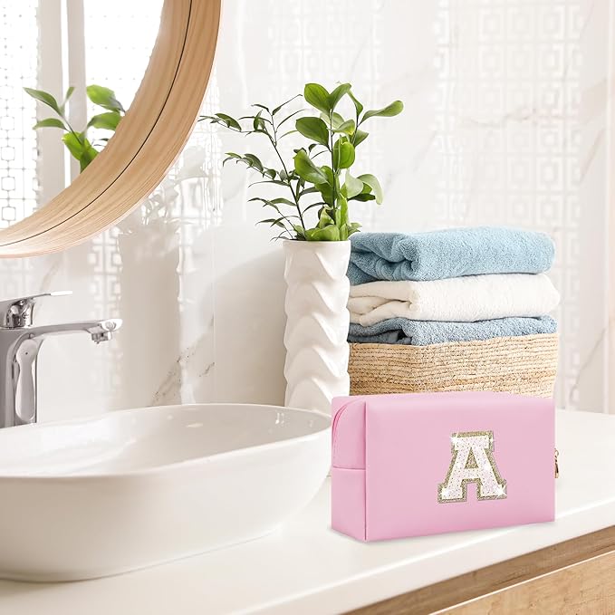 Small Personalized Initial A-Z Patch Makeup Bag,Pink Cute PU Leather Glitter Letter Cosmetic Bag for Teen Girls,Travel Toiletry Bag with Zipper,Preppy Monogrammed Birthday Gift for Daughter Niece A