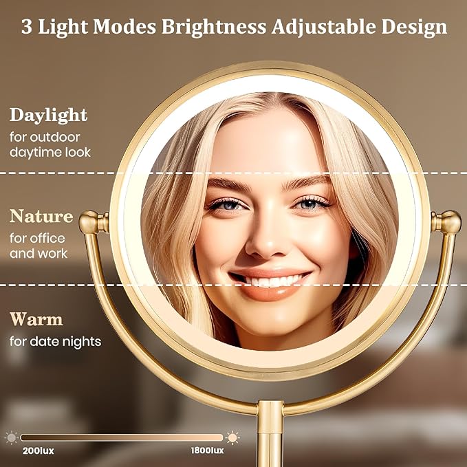 VESAUR 8.5'' Large Gold Lighted Makeup Mirror, 1X/10X Clear Seamless Magnifying Mirror, Bright Vanity Mirror with 3 Colors Dimmable Lights, Two-Sided 360°Rotation Stable Base, Luxury Nickel, Gift Box