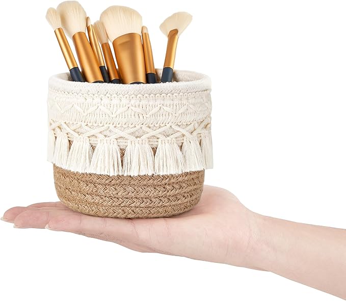 Mkono Macrame Makeup Brush Holder Organizer Comb Brushes Mini Storage Basket Set of 2 Boho Decor Baskets for Pen Pencil Box Container,Yellow and White