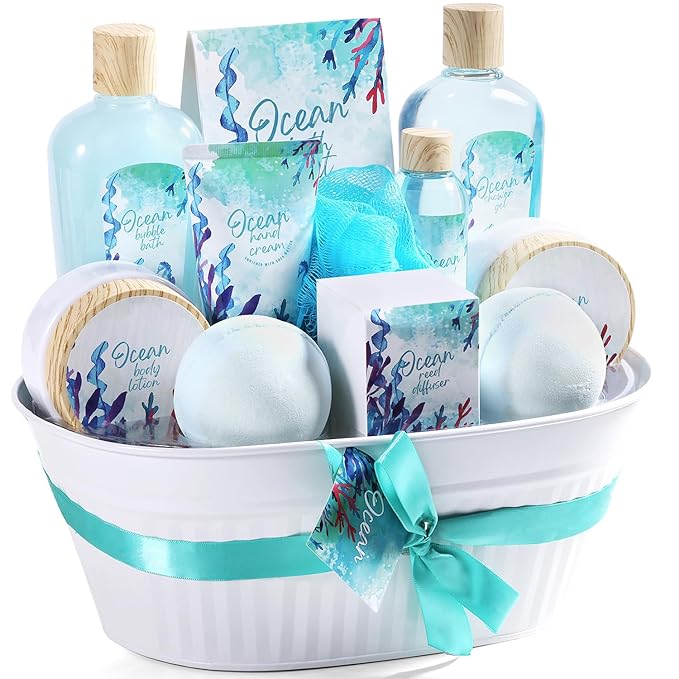 12Pcs Ocean Spa Gift Baskets for Women – Luxurious Bath & Body Set with Bubble Bath, Lotion, Spa Gifts Sets for Mother’s Day, Mother’s Day Presents for Her