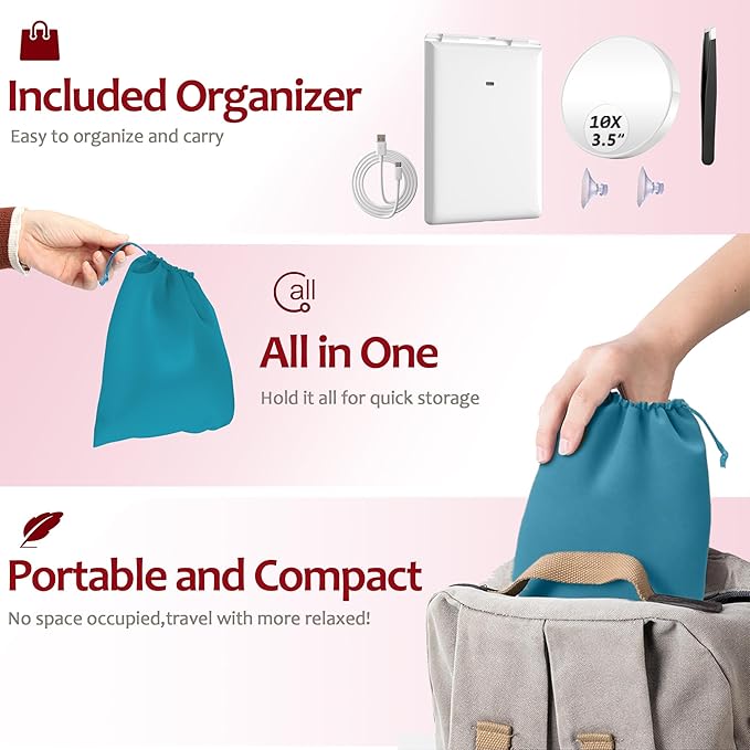 Travel Makeup Mirror with Lights, Rechargeable Portable Folding Compact Mirror Set with Tweezer, Lighted Makeup Mirrors with 72 LED 3 Color Light Modes, Dimmable Touch Screen LED Mirrors