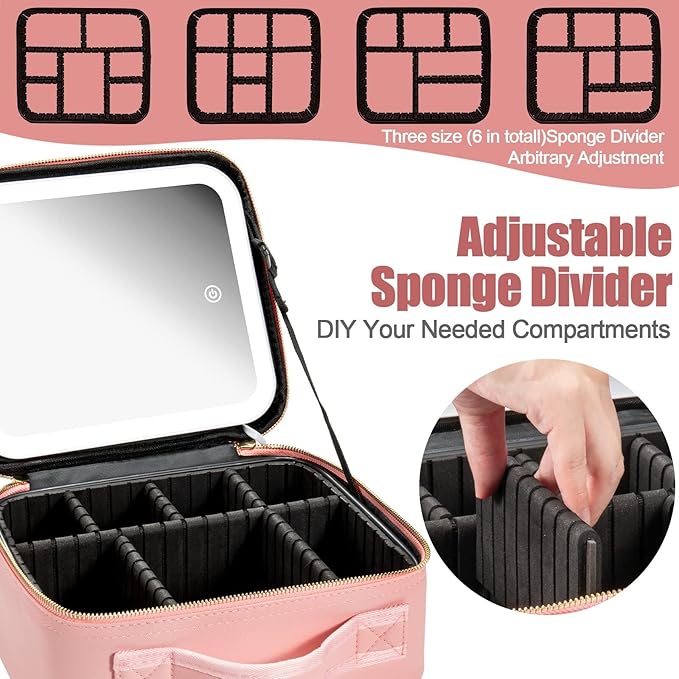 Seoneiro Makeup Travel Bag with LED Lighted Mirror Adjustable Brightness Portable Waterproof Makeup Case with Adjustable Dividers, Make up Train Case Organizer Makeup Brush Accessories and Tool Case