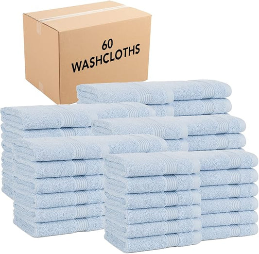 Arkwright Bath Washcloths 12 Pack - (Bulk Case of 60) Super Soft 100% Cotton, 600 GSM Quick Dry & Absorbent, Luxury Face & Body Wash Cloth Towels for Hotels, Spa, and Vacation Rental, Misty Blue