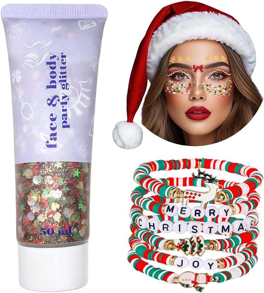 Go Ho Christmas Body Hair Face Glitter Gel and 6PCS Bracelets Kit,Christmas Glitters Face Paint,Colorful Sequins Chunky Reflective Face Glitter Christmas Bracelets Makeup Set,
