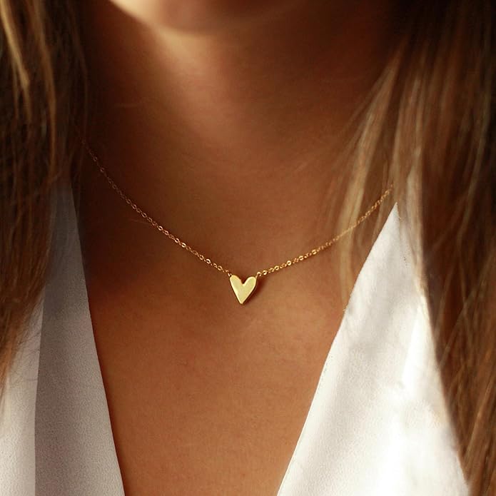 Dainty Gold Heart Necklace for Women - 14K Gold/Silver Plated Cute Heart Handmade Disc Circle Bee Choker Adjustable Necklace for Women Trendy Jewelry