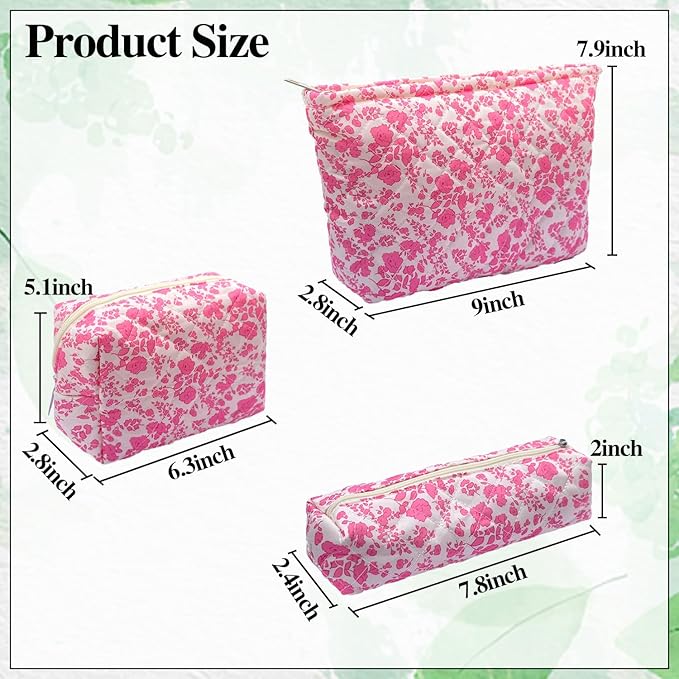 3 Piece Pink Quilted Floral Makeup Bag Set Small Cosmetic Bag For Women Cute Cotton Makeup Pouch For Purse