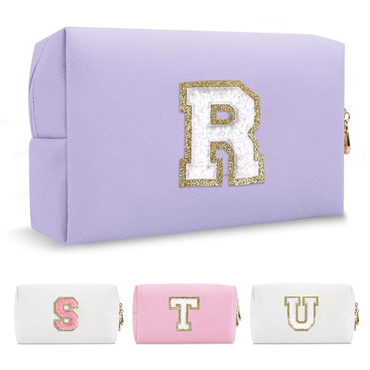 Personalized Makeup Bag Initial A-Z Preppy Patch Bag,Small PU Leather Travel Cosmetic Bag Pouch with Zipper,Purple Cute Toiletry Bag,Gift Ideal for Teen Girls Women Birthday Friend Mom,Latter R