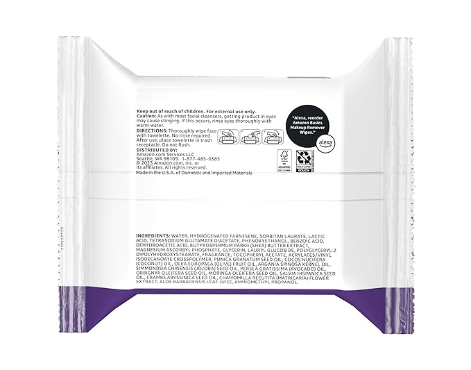 Amazon Basics Makeup Remover Wipes, Gentle Cleansing, Dermatologist Tested, Night Calming, Plant Based, Alcohol Free, Removes Waterproof Mascara, 25 Count Per Pack, Pack of 1 (Previously Solimo)