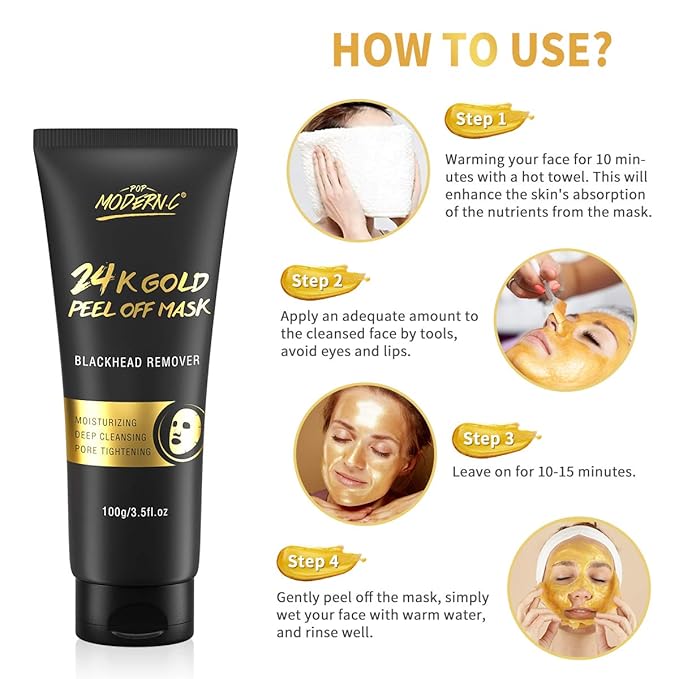 Blackhead Remover Mask, 24K Gold Peel Off Mask, Gold Facial Mask Anti-Aging, Deep Cleansing, Reduces Fine Lines＆ Wrinkles Great for All Skin, With Blackhead Remover Extractor Tools Kit & Mask Brush