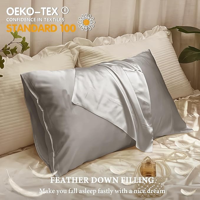BHZ Satin Goose Down Feather Pillows Queen Size Set of 2 with Satin Pillowcase for Hair and Skin, Cooling Pillow Cases Similar to Silk Pillow Cases, Christmas Decorative Gifts for Women, Mom Men, Grey