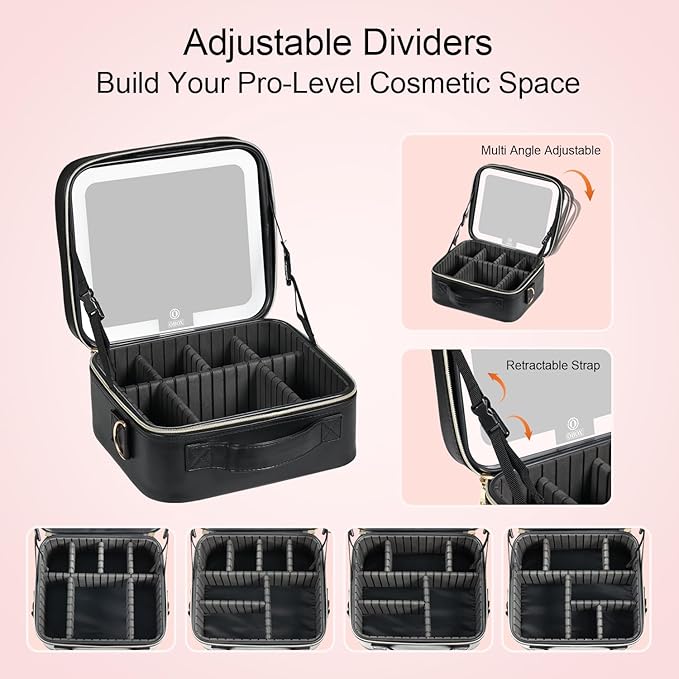 BEAUTY CASE Makeup Bag with Led Mirror, 10 Inch Portable Travel Cosmetic Organizer Case with Adjustable Dividers, USB Charging, Large Capacity, Ideal for Travel, Gift for Women Girls, Black