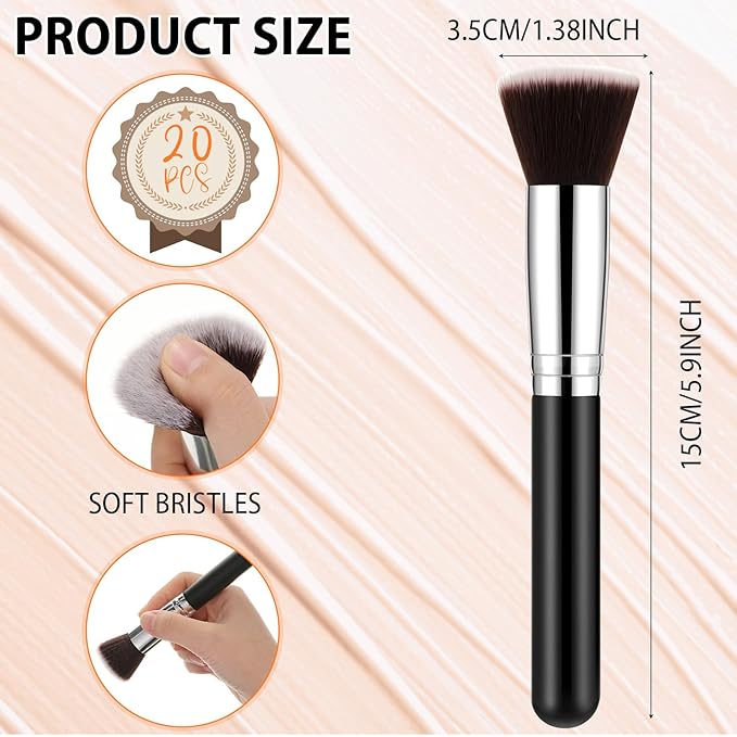 Baderke 20 Pcs Flat Top Foundation Brush Kabuki Cosmetics Synthetic Dense Face Blush Makeup Brush for Liquid, Cream, Powder, Blending, Buffing, Stippling Face Makeup Tools