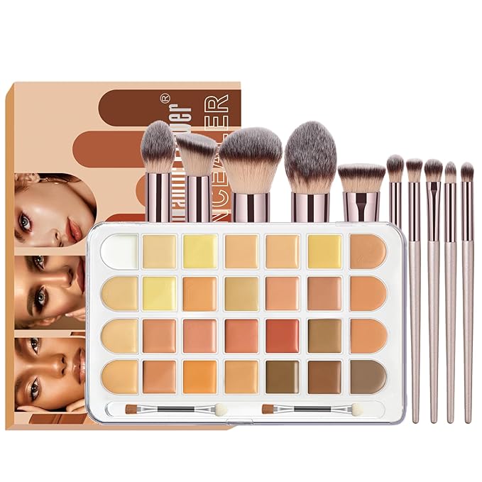 Professional 28 Colors Cream Concealer Camouflage Makeup Palette Contouring Kit, 10 Makeup Brushes, Face Eye Body Cosmetic Foundation, Contour, Repairs Redness, Dull, Dark Circles