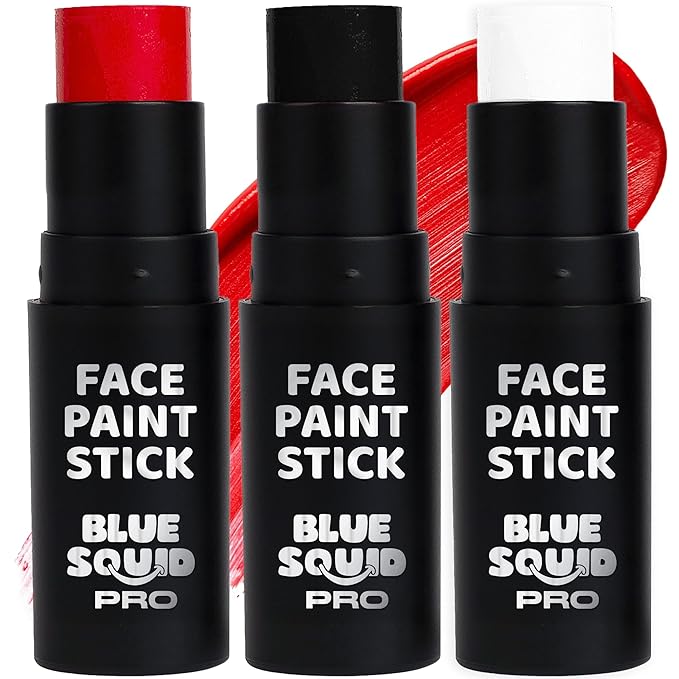 Blue Squid PRO Red, White and Black Face Paint Stick - Waterproof Body Paint Adults & Kids Eye Black Baseball, Eyeblack Softball -Hypoallergenic Twist-Up Non-Toxic Makeup Stick - Cosplay, Sports & SFX
