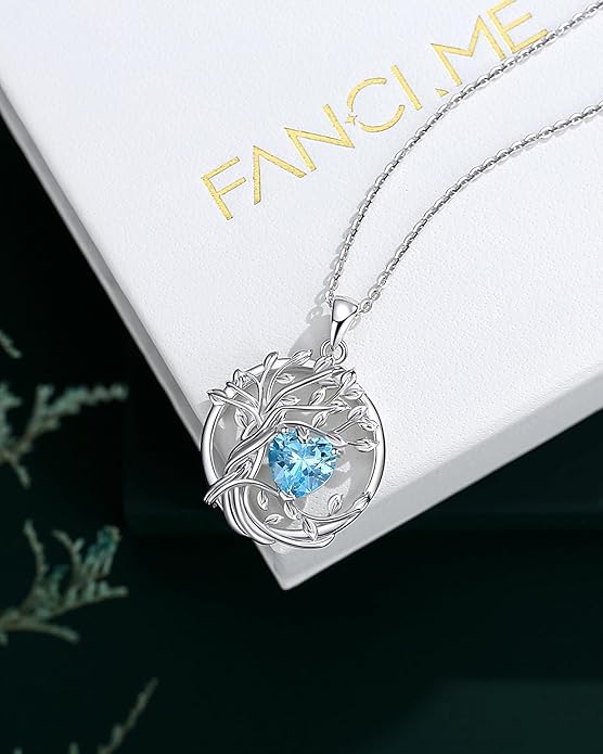 FANCIME Tree of life Birthstone necklace Sterling Silver Pendant Birthstone Necklace Gemstone Anniversary Birthday Jewelry Christmas Gifts for Mom Her Wife