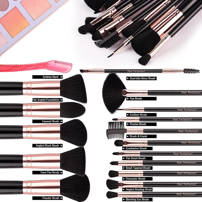 Real Perfection Makeup Brush Set 16 Pcs with 1 Eyebrow Razor Premium Synthetic Foundation Powder Concealers Eyeshadow Blush Makeup Brushes Make up Brushes Kit (Black)