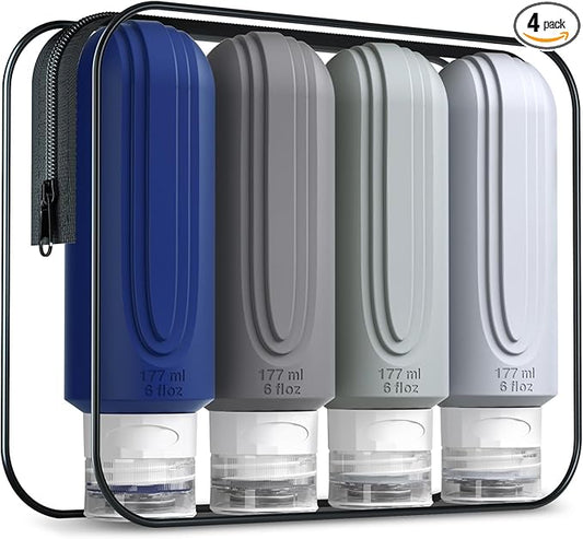 Travel Bottles for Toiletries, Large 6oz Oversize Containers, BPA Free Leak Proof Tubs Refillable Liquid Traveler Accessories with Toiletry Bag for Cometic Shampoo and Lotion Soap (4 Pack)