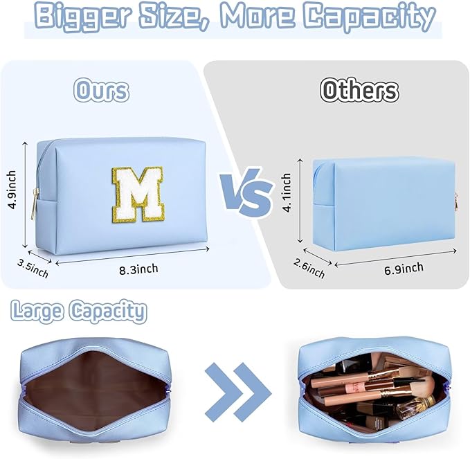 TOPEAST Initial Makeup Bags for Women, Personalized Portable Cosmetic Bag for Travel, Cute Makeup Pouch, PU Leather Waterproof Toiletry Bag, Preppy Things for Girl (Sky Blue V)