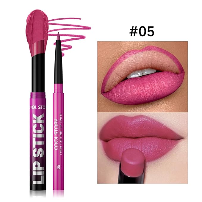 COOL STORY 2 Piece Lip Liner and Lipstick Set, Long Lasting Formula, Professional Makeup Kit (05)