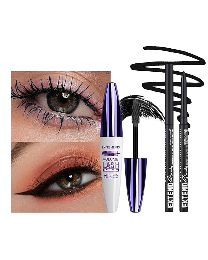 Black Mascara and Black Eyeliner Set,5D Waterproof Mascara Volume and Length Natural Lengthening Curling, Smudge Proof Eyeliner Pencil,Natural Eye Makeup Gift Kit for Women in Halloween Set-04