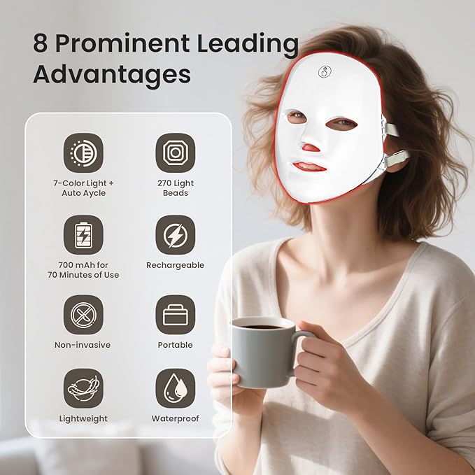 SUERBEATY Red Light Mask For Face, 7-1 Colors Red Light Face Mask, Facial Skincare At Home, Cordless, Portable and Rechargeable