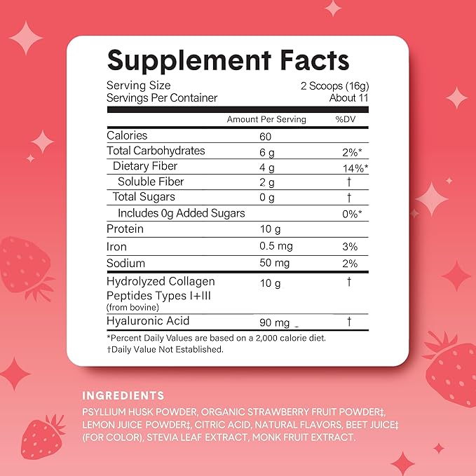 Bellway Super Fiber Powder + Collagen, Sugar-Free Psyllium Husk Powder with Collagen Peptides and Hyaluronic Acid for Gut Health, Healthy Skin, Nails, Bones & Joints, Strawberry Lemonade (11 Servings)