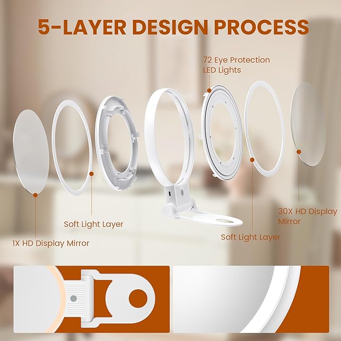 Lighted Makeup Mirror with 1X/30X Magnification, 3 Color Dimmable Lights, 2000mAh Rechargeable Double-Sided/Switch Vanity Mirror, 360° Swivel Tabletop & Hanging Design, Adjustable Brightness