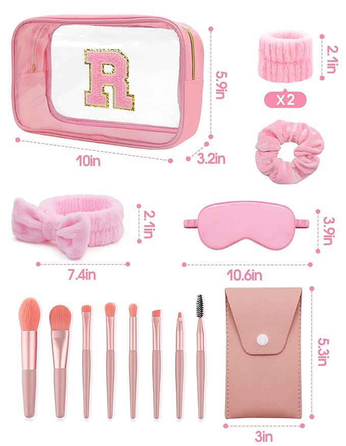 Gift Sets for Women, Initial Makeup Bag with Makeup Brush Set Bachelorette Party Favors, Pink Spa Kit with Skincare Headbands Wrist Bands Sleepover Party Supplies Gifts for Teen Girls Bridesmaid R