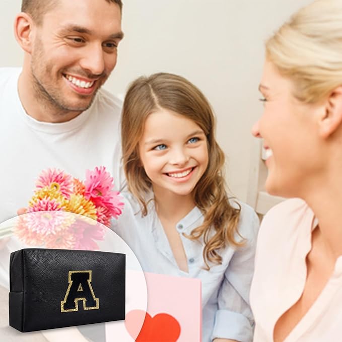 Personalized Initial A-Z Preppy Patch Makeup Bag,Small PU Chenille Letter Cosmetic Bag with Zipper for Teen Girls,Black Cute Toiletry Organizer Bag,Monogram Makeup Case Gift for Women Girls,Letter A