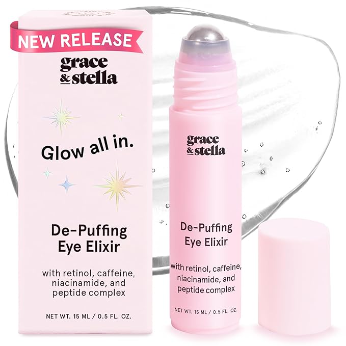 grace & stella Under Eye Brightener Roller - Airplane Travel Essentials - Travel Size Toiletries - Retinol & Caffeine Eye Serum for Puffiness, Dark Circles, Wrinkles - Vegan Skincare (15ml / 0.51floz)