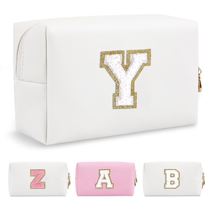 Small Personalized Initial A-Z Preppy Patch Makeup Bag,White PU Chenille Letter Travel Cosmetic Pouch with Zipper,Cute Toiletry Bag,Gift Ideal for Teen Girls Women Teacher Bridesmaid,Letter Y