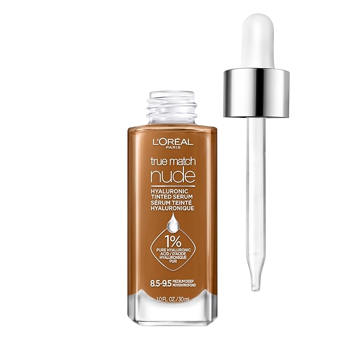 L'Oreal Paris True Match Nude Hyaluronic Tinted Serum Foundation with 1% Hyaluronic acid, Medium Deep 8.5-9.5, 1 fl. oz.