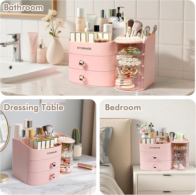 Makeup Organizer Countertop with Drawers, Make up Organizers for Vanity, Skincare Jewelry Earring Organizers, Cosmetic Display Cases Makeup Storage for Bedroom & Bathroom, Ideal Gifts for Women(Pink)