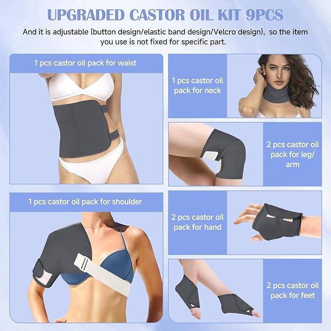 Castor Oil Pack Wrap, 9 Pcs Organic Castor Oil Packs Kit for Entire Body Neck Shoulder Waist Back Hand Knee Leg and Feet, Reusable Pads Kit for Hot/Cold Castor Oil Compress for Woman/Man【Grey】