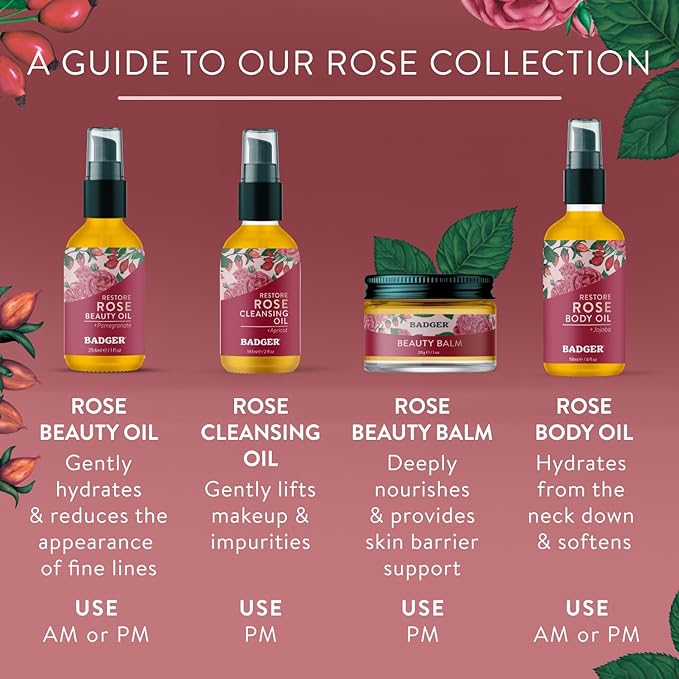 Badger Rose Face Oil, 100% Organic Face Moisturizer, Nourishing & Soothing Organic Jojoba Oil & Rose Oil, Vegan Antioxidant Rich Moisturizing Facial Oil, 1 fl oz Glass Bottle