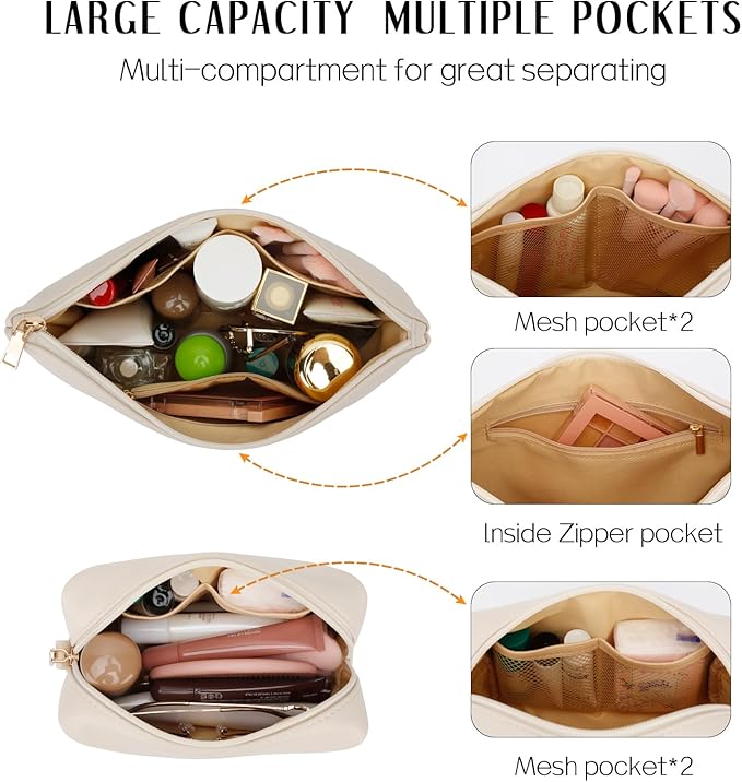 Women Gifts | Initial Makeup Bag Set for Girl Personalized Gifts for Bridesmaid Friend Graduation Teachers PU Leather Cosmetic Travel Toiletry Bag(Beige,O)