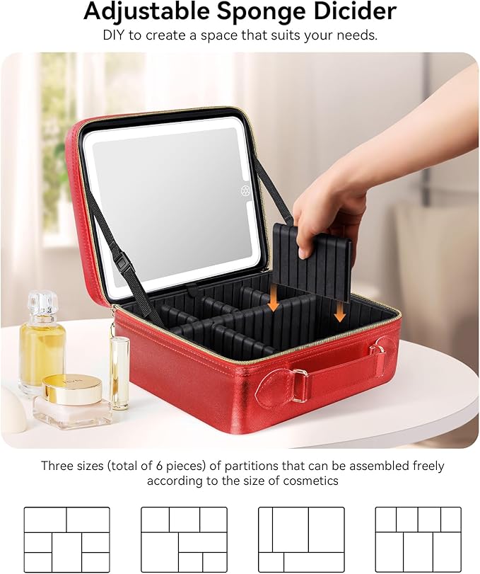 JUSRON Travel Makeup Bag With LED Mirror, Cosmetic Train Case with Light up Mirror, Portable Makeup Artist Organizer Bag with Adjustable Dividers, Makeup Brush Holder Storage (Red, Large)