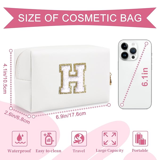 Small Personalized Initial A-Z Preppy Patch Makeup Bag,White PU Chenille Letter Travel Cosmetic Pouch with Zipper,Cute Toiletry Bag,Gift Ideal for Teen Girls Women Teacher Bridesmaid,Letter H