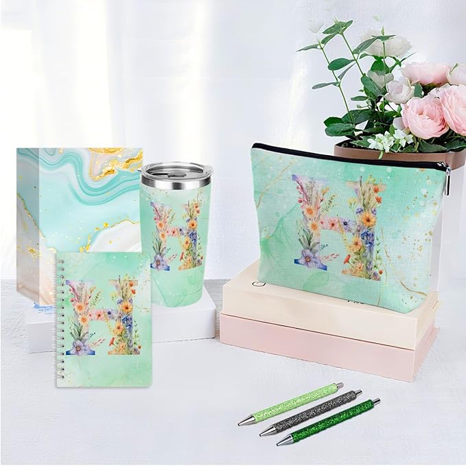 Personalized Gifts Monogrammed Birthday Gifts for Women, Bridesmaid Bachelorette Party Christmas Initial 20 oz Tumbler, Makeup Bag Cup Ballpoint Pens Journal Notebook 6 Set, (Aesthetic Green Flower H)