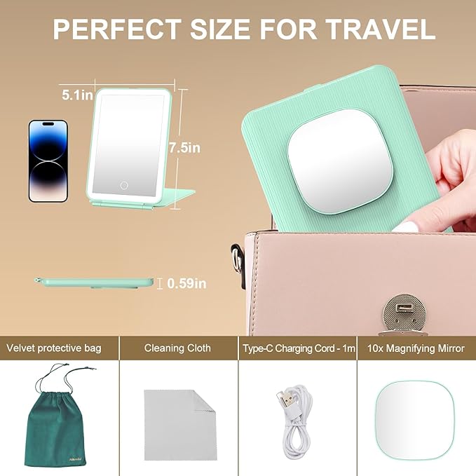 Mocado LED Foldable Travel Makeup Mirror - 5x7 inches3 Colors Light Modes USB Rechargeable Touch Screen, Portable Tabletop Cosmetic Mirror for Travel, Cosmetic, Office (Green)