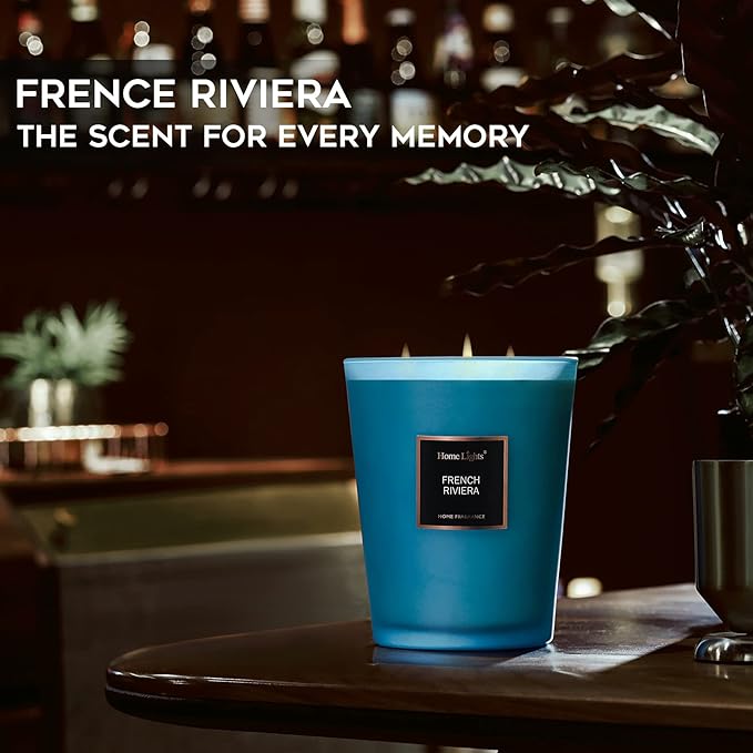 HomeLights Scented Candles | Large Jar Candle - 33.3 Oz. Natural Soy Aromatherapy Candles | Up to 130 Hours Burn Time with 3 Cotton Wicks,Home Decorative Fragrance Candles Gift - French Riviera