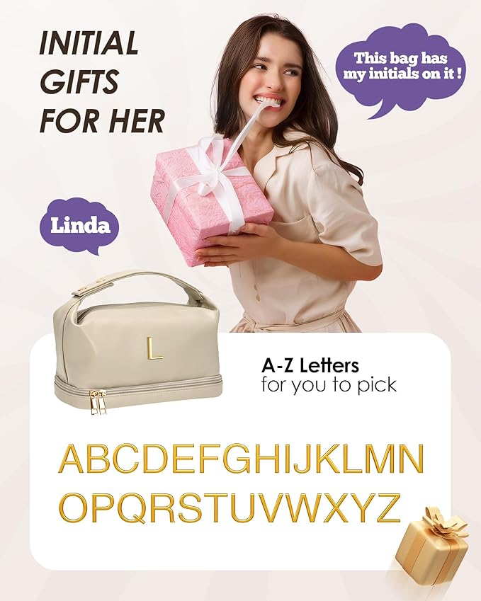 Personalized Gifts, Makeup Bags with Handle, Waterproof Double Layer Cosmetic Bag, Large Capacity PU Leather Makeup Bags Letter Travel Toiletry Bag, Birthday Gifts for Girls