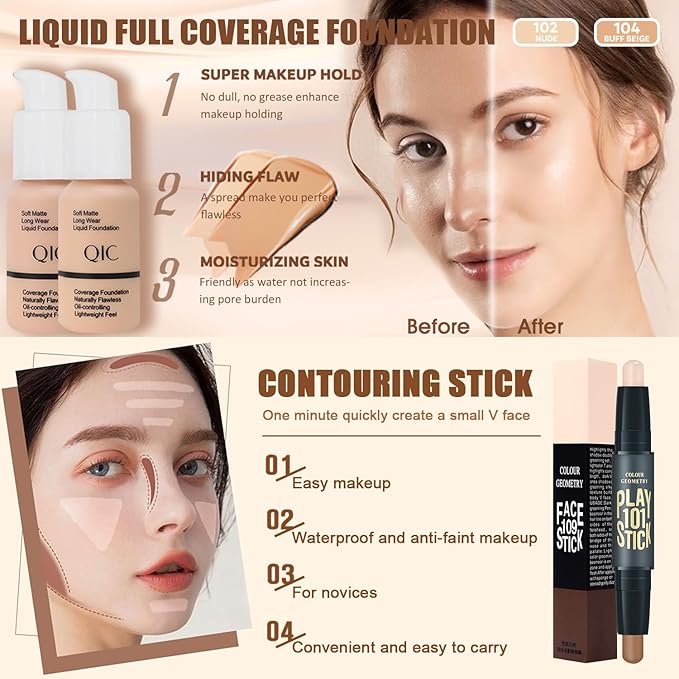 All in One Makeup Kit, Includes Naked Eyeshadow,Liquid Foundation,Lipstick Set,Mascara,Makeup Brush,Makeup Sponge,Eyebrow Powder,Eyebrow Soap,Eyeliner Stamp,Primer,Contour Stick,Makeup Bag