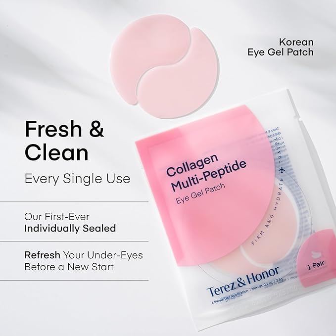 TEREZ & HONOR Peptide Collagen Hydrogel Eye Patches - 6 Pairs Korean Under Eye Masks for Puffy Eyes, Dark Circles, Wrinkles & Undereye Bags - Firming, Hydrating, Travel & Gift Ready Skincare Eye Pads